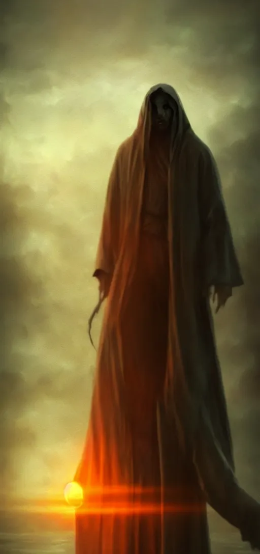 Image similar to photo of mystery figure in a long robe looks into the camera, dark fantasy, cinematic, volumetric lighting, epic composition, high detail, dark fantasy, sunset, swamp, digital art painting by greg rutkowski