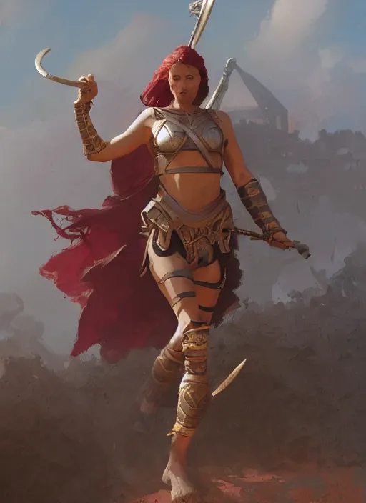 Image similar to hyper realistic photo of gladiator girl, full body, rule of thirds, conceptart, saturated colors, cinematic, greg rutkowski, brom, james gurney, mignola, craig mullins, artstation, cgsociety