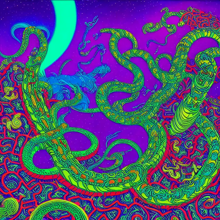 Image similar to cosmic serpent, infinite fractal worlds, bright neon colors, highly detailed, cinematic, eyvind earle, tim white, philippe druillet, roger dean, lisa frank, aubrey beardsley, hiroo isono
