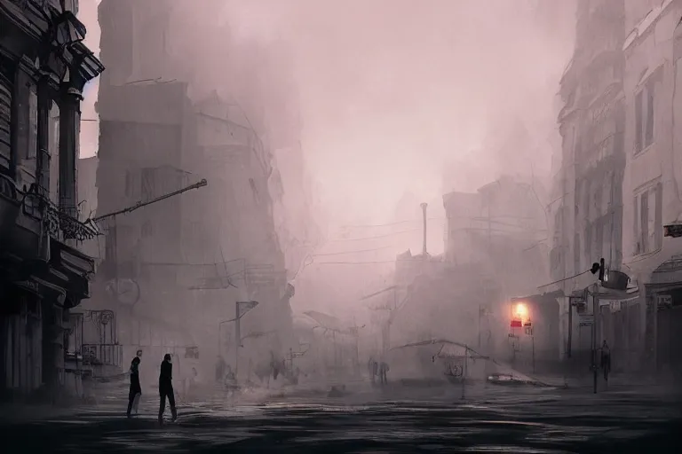 Image similar to artstation, concept art, dramatic lighting, bucharest, sunset, mist, people on the streets, rule of thirds, composition, atmospheric