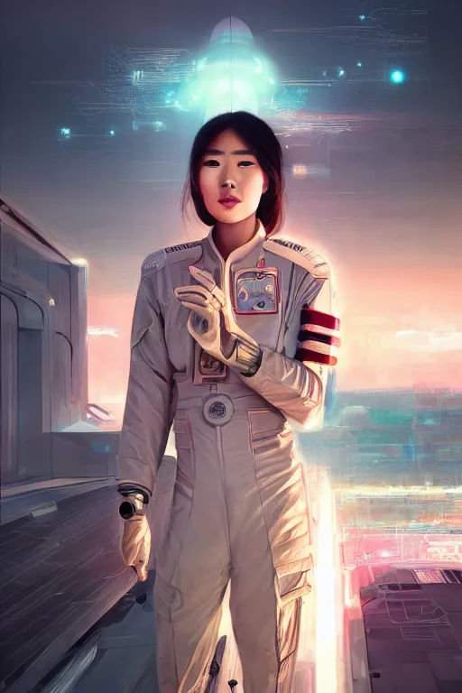 Image similar to portrait futuristic asian airforce girl, looking at the camera, in future airport rooftop , sci-fi, fantasy, intricate, very very beautiful, elegant, human anatomy, neon light, highly detailed, digital painting, artstation, concept art, smooth, sharp focus, illustration, art by tian zi and WLOP and alphonse mucha