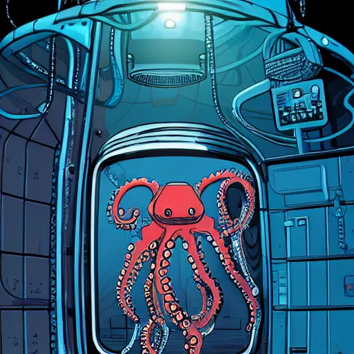 Image similar to robotic Octopus in an airlock, Industrial Scifi, detailed illustration, character portrait, by Martin Grip and Moebius