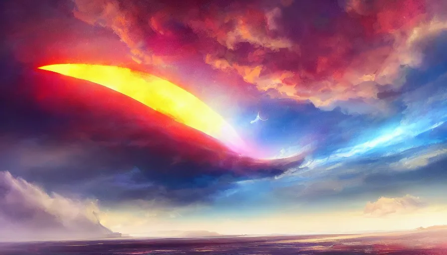 Image similar to solar eclipse in iceland, black sand, colorful clouds, blue sky, jessica rossier, art station