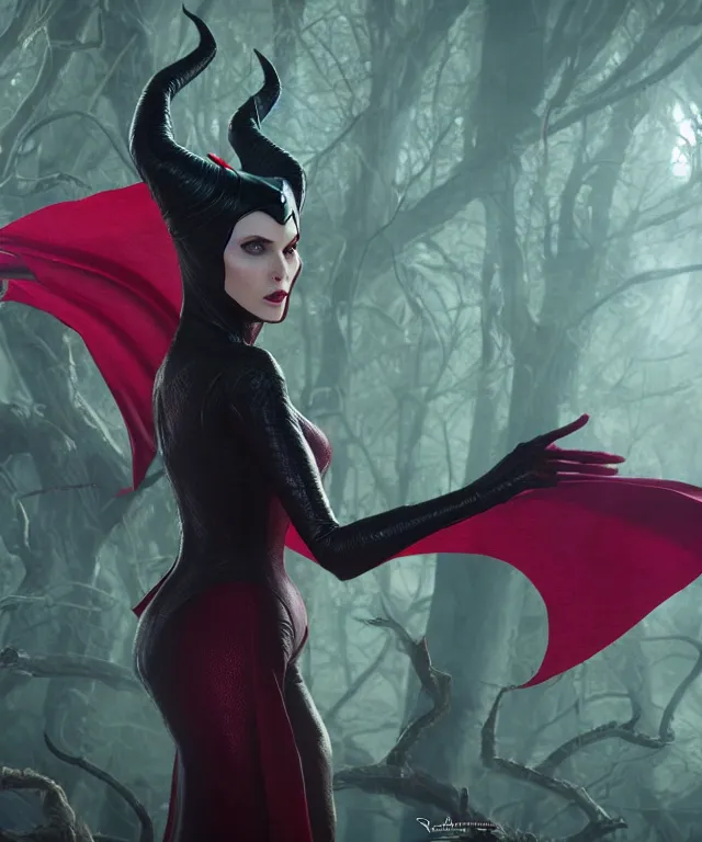 Image similar to scarlet witch as maleficent, nostalgia, very detailed texture, realistic shaded lighting, studio quality, digital art, dynamic background, unreal engine 5 rendered, octane rendered, pinnacle studio, naturel, trending on artstation, art style by nixeu and ian sprigger