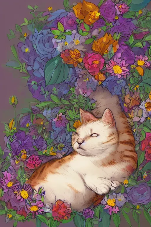 Image similar to a digital art of a cat sleeping in the room with flowers around in the afternoon, the sun shines in, storybook art, detailed, cute, profile shot, featured on artstation