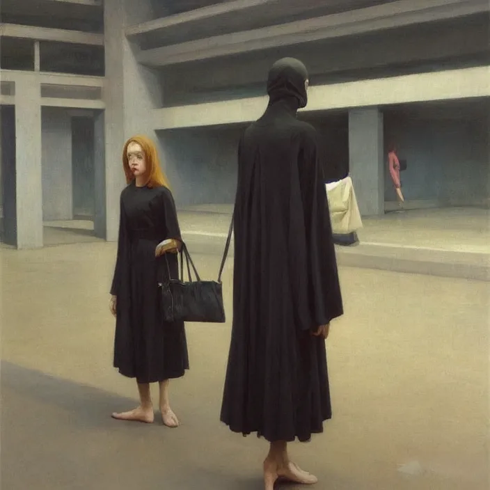 Image similar to woman in black robes, short skirt, in magnificent shopping mall, oil painting by edward hopper, zdislav beksinski, wayne barlowe