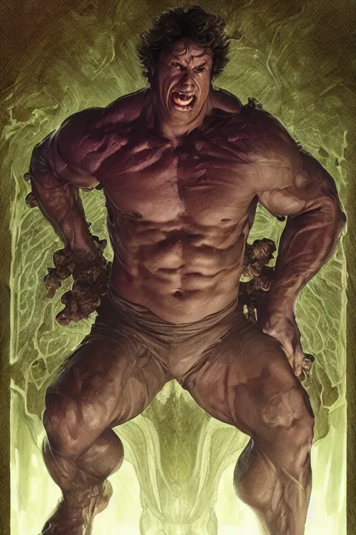 Image similar to portrait of bruce banner as a hulking herculean demon, forest, godlike, full body, fantasy, intricate, elegant, highly detailed, digital painting, artstation, concept art, sharp focus, illustration, art by artgerm and greg rutkowski and alphonse mucha