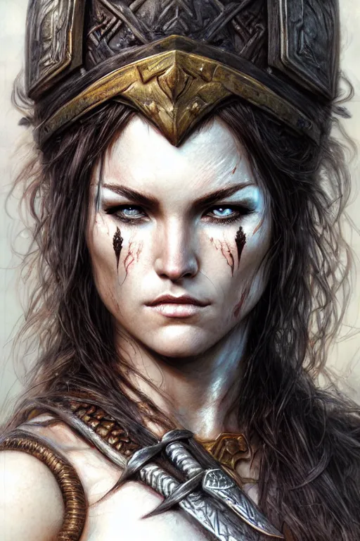 Image similar to head and shoulders portrait of a barbarian, female, high fantasy, dnd, face details, extremely detailed, smooth, sharp focus, digital illustration, by luis royo, magali villeneuve, donato giancola, wlop, krenz cushart, artgerm