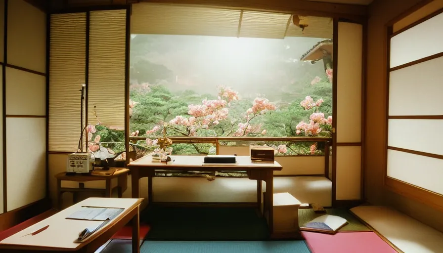 Image similar to 1 9 9 0 s candid 3 5 mm photo of a beautiful day in the a dreamy japanese flowery cottage designed by gucci, cinematic lighting, cinematic look, golden hour, a desk for flower arrangements and journaling has sun shinning on it through a window, temple in the distance, uhd