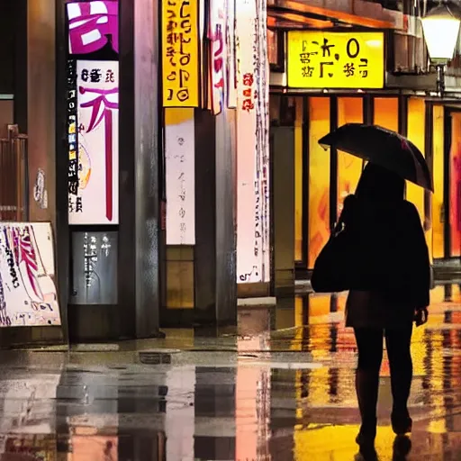 Image similar to anime girl walking in rainy osaka city center at night