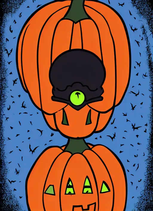 Prompt: an alien with an evil looking pumpkin head, spooky halloween theme, illustration line art style