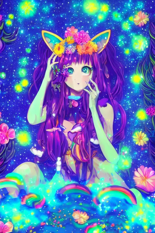 Image similar to psychedelic, whimsical, anime, 4k, beautiful seductive woman with fox ears smoking weed, with professional makeup, long trippy hair, a crystal and flower dress, sitting on a reflective pool, surrounded by gems, underneath the stars, rainbow fireflies, trending on patreon, deviantart, twitter, artstation, volumetric lighting, heavy contrast, art style of Greg Rutkowski and Victoria gavrilenko and Ross Tran