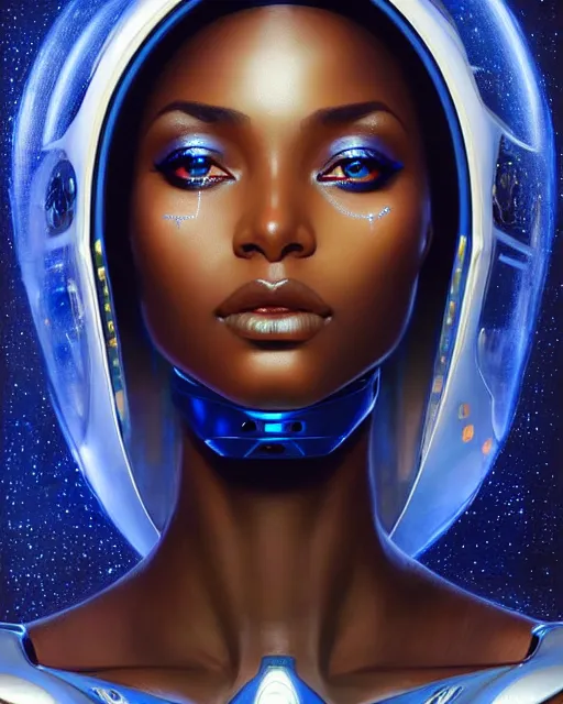 Image similar to Portrait of very very very very very very beautiful african woman, spacesuit, futuristic cybernetic helmet, blue eyes, real life skin, intricate, elegant, highly detailed, artstation, concept art, smooth, sharp focus, art by artgerm and greg rutkowski and alphonse mucha