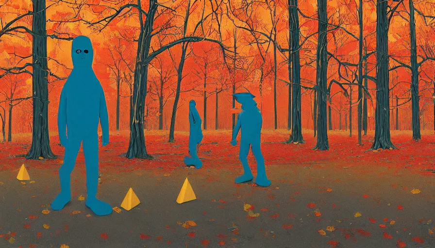 Image similar to safety cones scattered around an oak tree forest, man in bigfoot costume in the distance dancing, by james jean by ilya kuvshinov kintsugi, hyper detailed surrealist painting