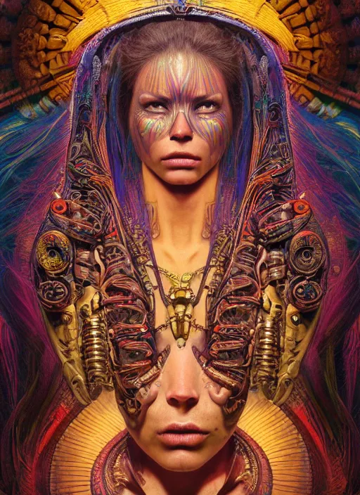 Image similar to masterpiece portrait of an beautiful aztec girl with biomechanical modifications surrounded by chromatic ink pour and flowing liquid complex sacred geometry, powerful, cinematic, dramatic lighting, by elden ring, h. r. giger, beksinski, alphonse mucha, artgerm, donato giancola, tom bagshaw, trending on cgsociety, octane render, 8 k