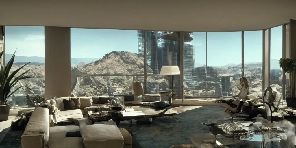 Image similar to a luxury apartment with large windows, 1 9 8 0 s science fiction, windows overlooking an alien blue cactus jungle landscape, sci - fi film still, screenshot from a science fiction movie, ridley scott,