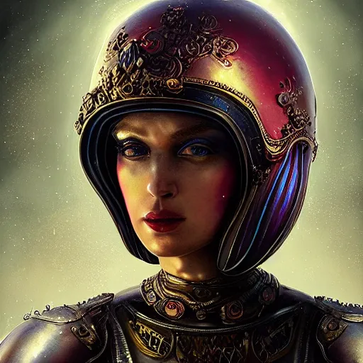 Prompt: tom bagshaw, rainbow lighting world curiosities carnival stars, photorealistic medium shot soft paint of a single very beautiful thicc female full long cyberpunk metallic armor ornate helmet face, accurate features, focus, very intricate ultrafine details, award winning masterpiece