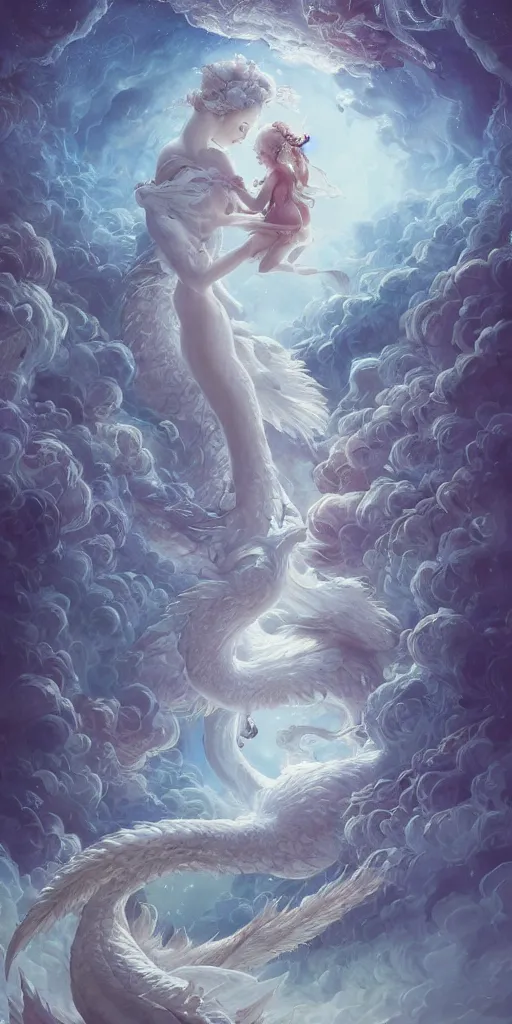 Prompt: the beautiful scene render that the girl lies in the arms of a huge white dragon alone in the fairyland surrounded by white clouds, in the style of victo ngai and peter mohrbacher peter mohrbacher artgerm karol bak, animation style, 8 k hd, trending on cgsociety, trending on artstation, ultra wide angle, hyperrealism, hyper detailed