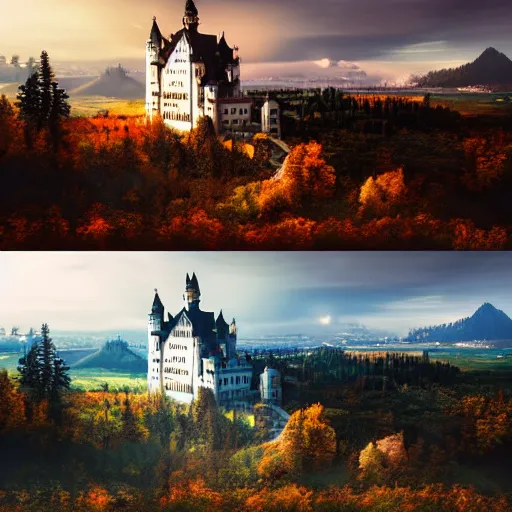 Image similar to ((Neuschwanstein)) in a !!! post-apocalyptic!!! landscape, cinematic, atmospheric, highly detailed, HDRI, 8k octane render, hyper realistic