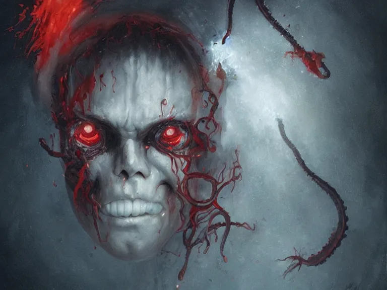 Prompt: painting by greg rutkowski of a flying human head with tears running down it's face face that is chalk white in color, with tentacles coming of the neck, fiery scorching red eyes, flying in a terrying hellish dark cavernous place