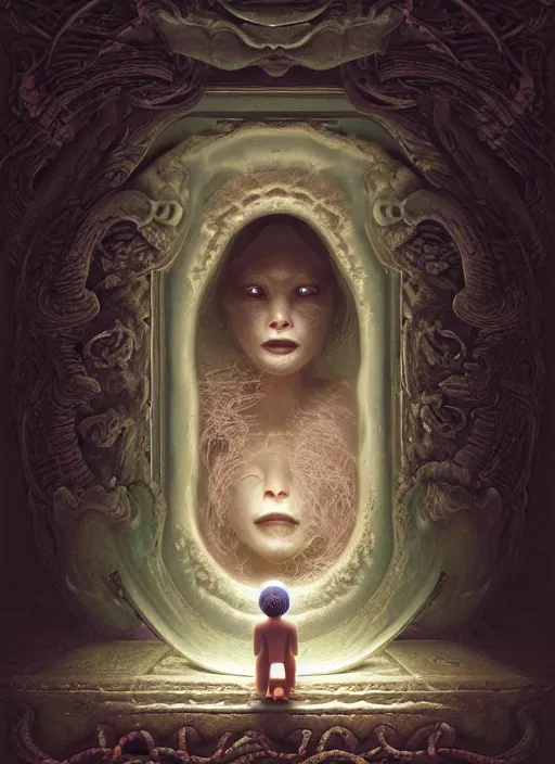 Image similar to hyperreal ultra detailed hypnagogic recollections from the waters of the unconscious. a 3 d psychopomp watching on. a child's face in the mirror, a doorway threshold, a snake, sharp focus, a digital egregore, global illumination, ornate, art by shaun tan, fenghua zhong and daniel merriam and dan mumford octane render