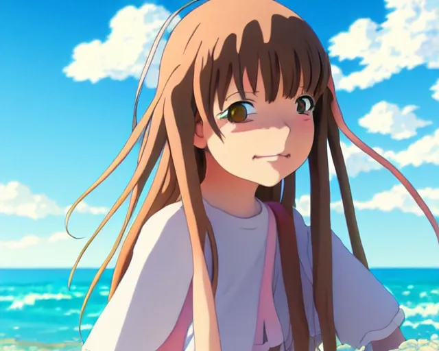 Image similar to anime fine details portrait of joyful girl at beach anime masterpiece by Studio Ghibli. 8k render, sharp high quality anime illustration in style of Ghibli, artstation