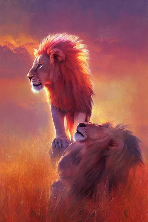 Image similar to spiritual twin flame lion art, pink sunset hue, highly detailed, oil painting hue, by craig mullins