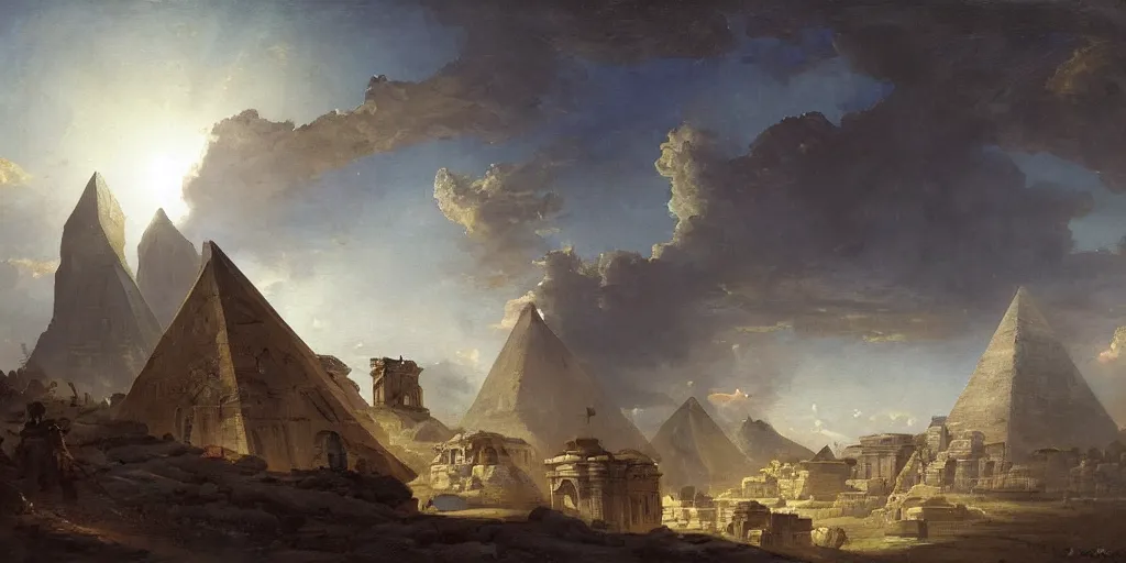 Image similar to hubert robert simonetti rutkowski epic painting watching spaceship starship in the sky, background is mesoamerican truncated pyramid