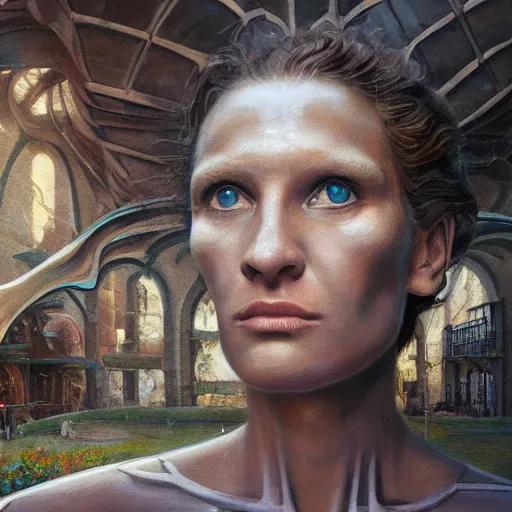 Image similar to detailed face of a woman with opalescent eyes in a biomorphic courtyard with dna sculptures at a science expo, atmospheric, ambient, pj crook, syd mead, livia prima, artgerm, greg rutkowski, nick alm, casey baugh