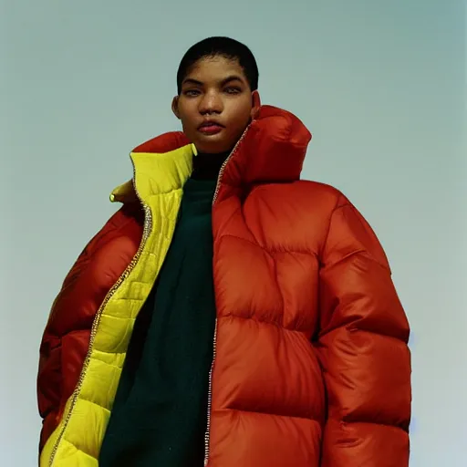 Image similar to realistic! photoshoot for a new balenciaga lookbook, color film photography, portrait of a beautiful woman wearing a puffer jacket, photo in style of tyler mitchell, 35mm