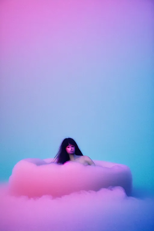 Image similar to high quality pastel coloured film close up wide angle photograph of a model wearing clothing swimming on cloud furniture in a icelandic black rock!! environment in a partially haze filled dreamstate world. three point light, rainbow. photographic production. art directed. pastel colours. volumetric clouds. pastel gradient overlay. waves glitch artefacts. extreme facial clarity. 8 k. filmic.