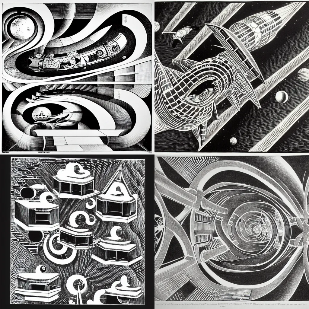 Prompt: escher lithograph of spaceships repeating black and white