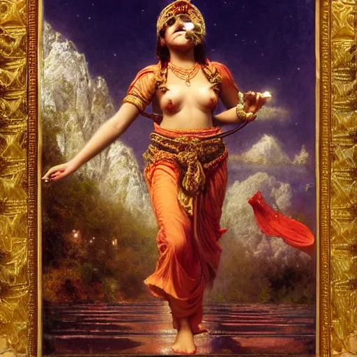 Image similar to detailed full body of hindu traditional woman blindfolded by high - tech vr headset and walking on thin bridge in sky, girl graceful,, painting by gaston bussiere, craig mullins, j. c. leyendecker, lights, art by ernst haeckel, john william godward, hammershøi,,