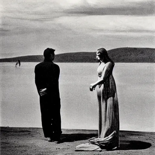 Prompt: A beautiful land art of a man and a woman are standing on a dock, looking out at a body of water. The woman has her hand on the man's shoulder, and they appear to be deep in conversation. The colors in the land art are muted, and the scene has a calming feeling. by Edward Hopper subtle