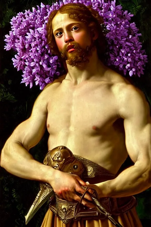 Image similar to renaissance painting of spartan, portrait, face closeup, emotions closeup, dressed in spartan armour, the beautiful garden with liliac bush everywhere, ultra detailed, art by guido reni style, vincenzo catena style