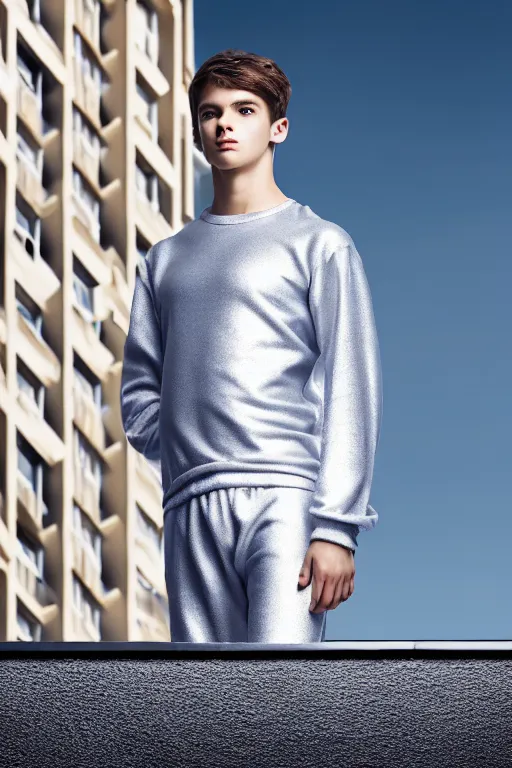 Image similar to un ultra high definition studio quality photographic art portrait of a young man standing on the rooftop of a british apartment building wearing soft padded silver pearlescent clothing. three point light. extremely detailed. golden ratio, ray tracing, volumetric light, shallow depth of field. set dressed.