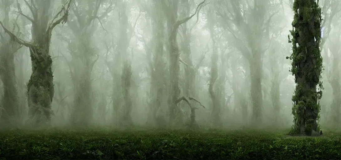 Prompt: a complex organic fractal 3 d metallic symbiotic ceramic humanoid megastructure skyscraper in a swampy lush forest, foggy, cinematic shot, photo still from movie by denis villeneuve