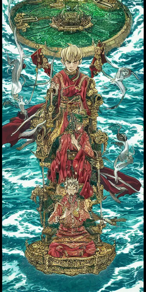 Prompt: a lone emperor sitting on a emerald throne floating on water in the middle of a lake drawn by Makoto Yukimura in the style of Vinland saga anime, full color, detailed, psychedelic, Authority