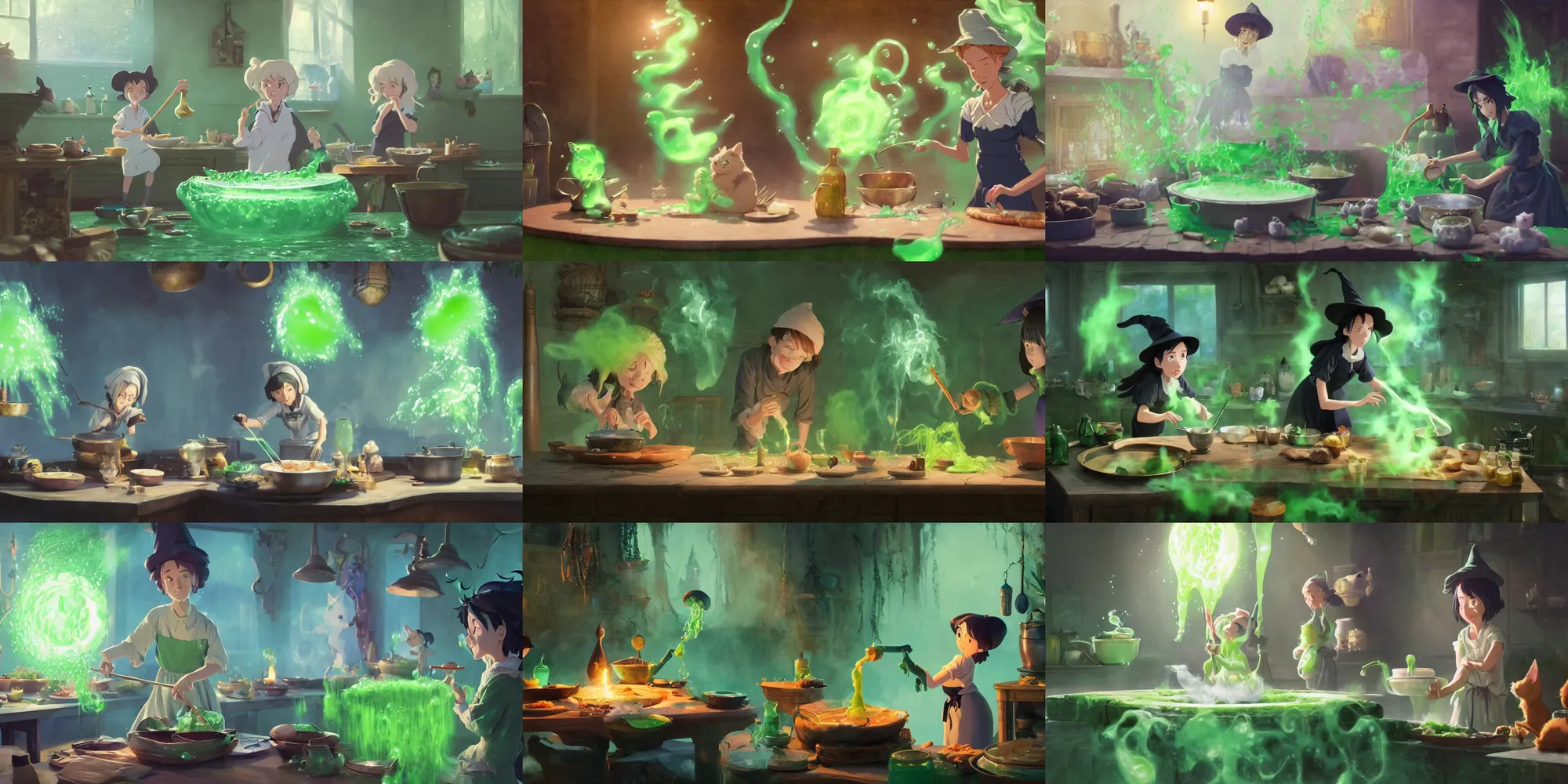 Prompt: a wholesome animation key shot of a witch cooking a magic point in her cauldron of bubbling green liquid as her cats watch, medium shot, waist up, studio Ghibli, Pixar and Disney animation, sharp, Rendered in Unreal Engine 5, anime key art by Greg Rutkowski, Bloom, dramatic lighting