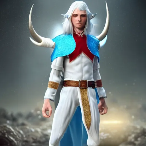 Image similar to a highly detailed male elf in full length, with white long hair, white clothes, bright blue eyes, artstation, DeviantArt, professional, octane render