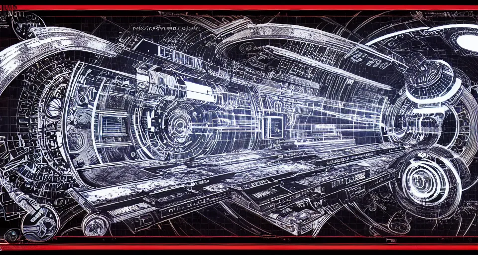 Image similar to a blueprint diagram of a wormhole generator, intricate illustration, ultra detailed, detailed plans and notes, sketches, technopunk, darksynth, intricate illuminated lines, blood red, 8 k, unreal engine 5, by tsutomu nihei