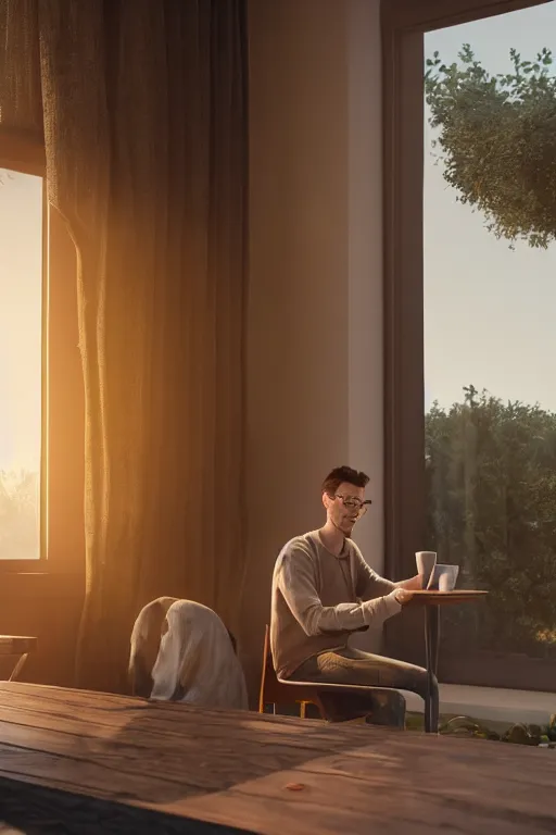 Prompt: a man sitting on a café table mext to a window and holding a cup of coffee at sunset, Pixar style, black hair, 4K, cartoon, concept art, octane render, unreal engine 5, path tracing, complementary colours, serene scene, warm, cute, natural lighting, high quality, highly detailed, high coherence, defined face, five fingers, anatomically correct, soft lighting, close view, digital art, trending on DeviantArt