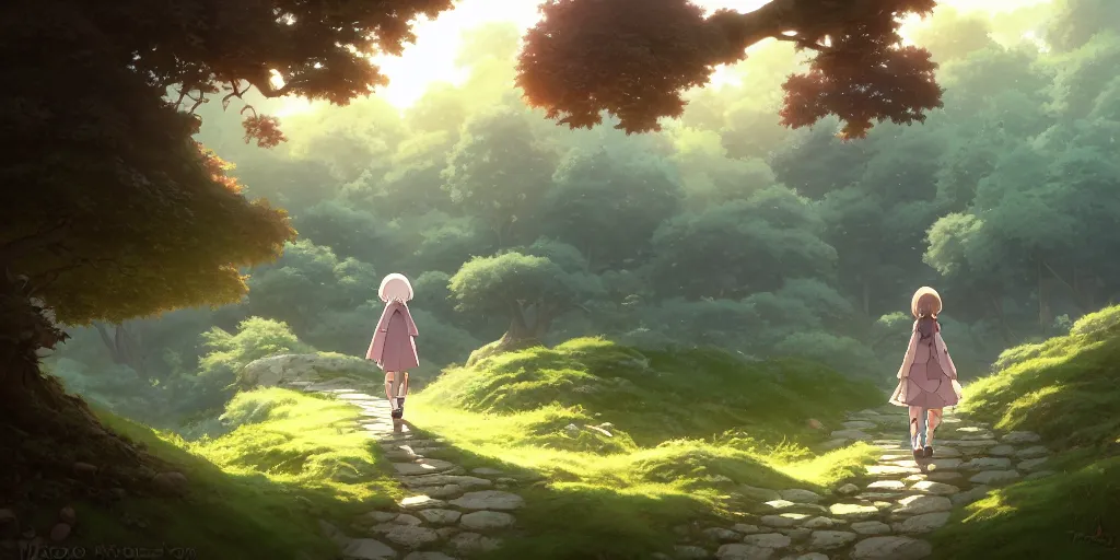 Prompt: small girl walking down a gobble stone path, hills, forest. anime, fantasy, smooth. early morning, digital painting, by hayao miyazaki and rossdraws and artgerm and detmold and greg rutkowski and alphonse mucha. artstation. beautiful, high quality, stunning, intricate detailed environment. 8 k