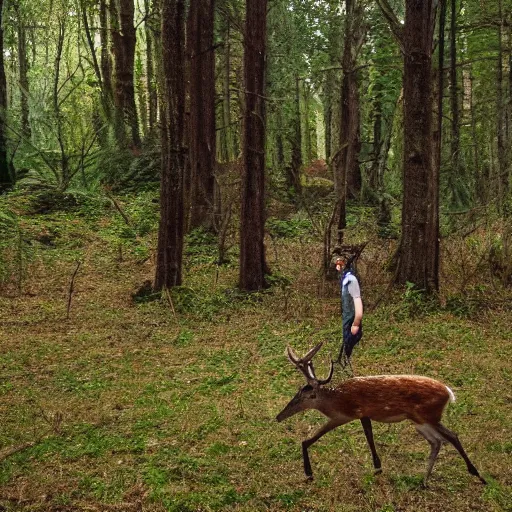 Image similar to photograph of half man half deer walking through the forest