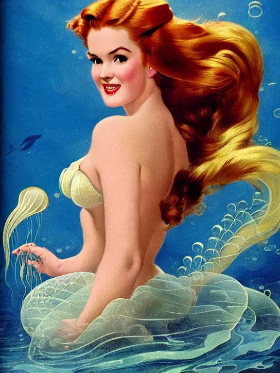 Prompt: isla fisher as the little mermaid long hair covers chest, a beautiful art nouveau portrait by Gil elvgren, beneath the ocean waves glowing jellyfish environment, centered composition, defined features, golden ratio, intricate seashell jewelry that glows