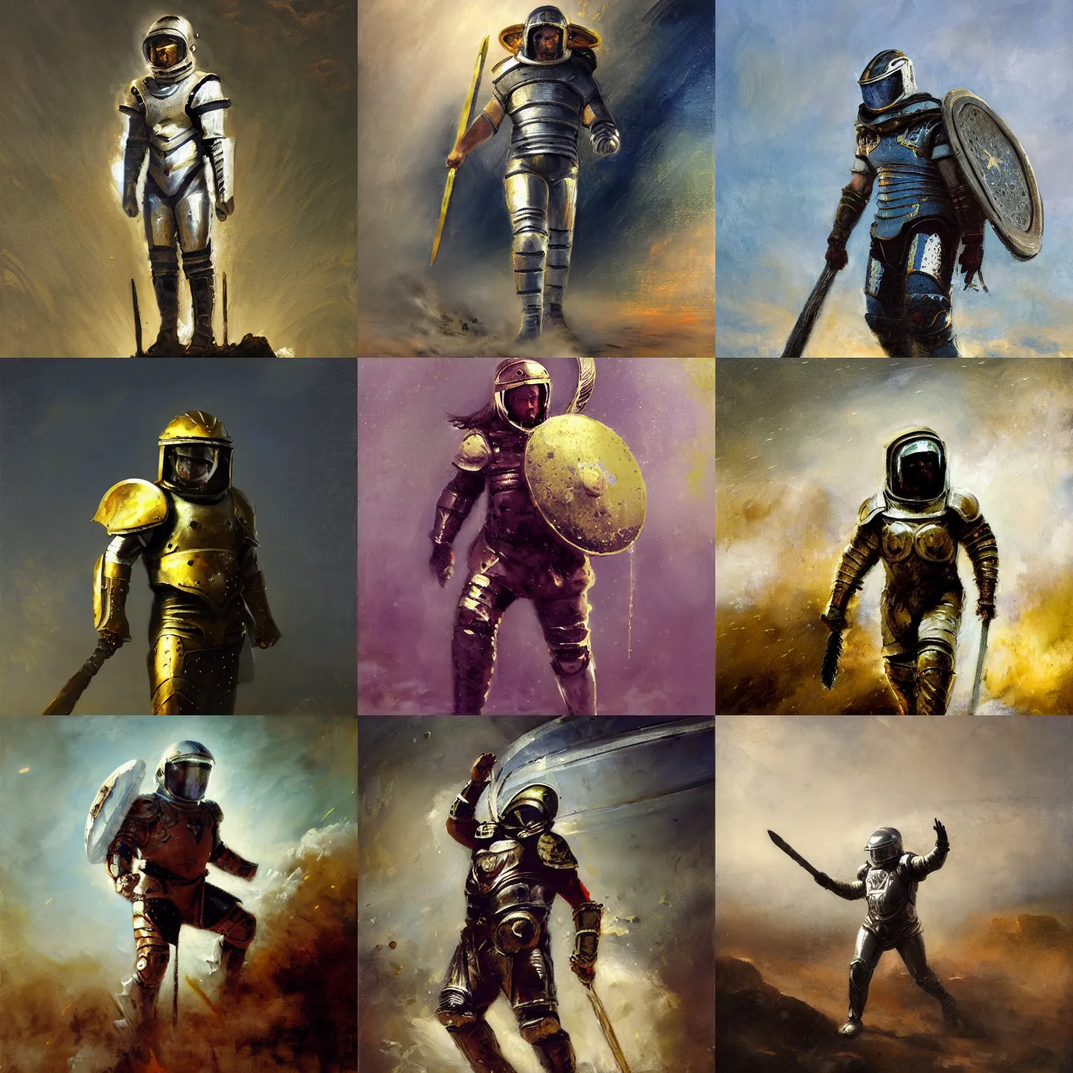 Prompt: gladiator wearing space suit, tower shield and gladius, luminist style, tonalism, dramatic lighting, action scene, palette knife, frenetic brushwork, spatter, dust, atmospheric, volumetric lighting