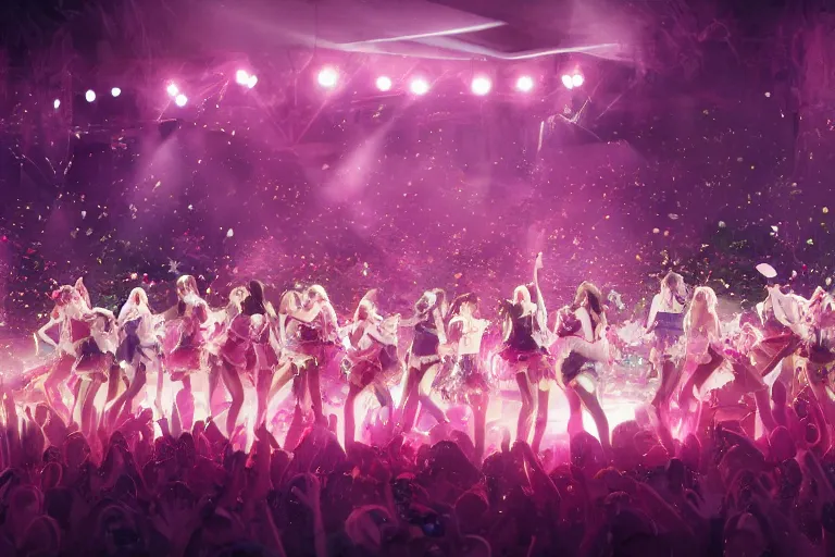 Image similar to the most amazing dream you ever had about japanese girls band idol concert, hyper realistic, ambient lighting, concept art, intricate, hyper detailed, smooth, dynamic volumetric lighting, octane, cinematic