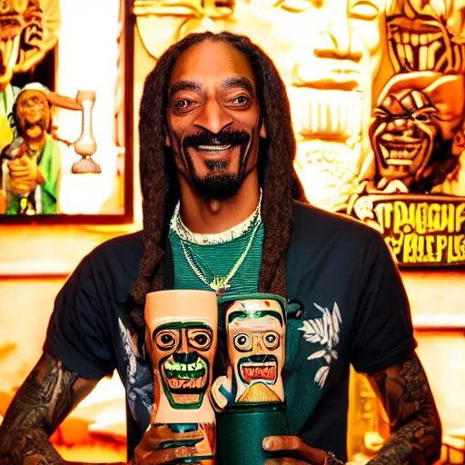 Image similar to a closeup photorealistic photograph of happy snoop dogg at trader vic's bar presenting a trader vic's tiki mug that features the face of snoop dogg. brightly lit scene. this 4 k hd image is trending on artstation, featured on behance, well - rendered, extra crisp, features intricate detail, epic composition and the style of unreal engine.