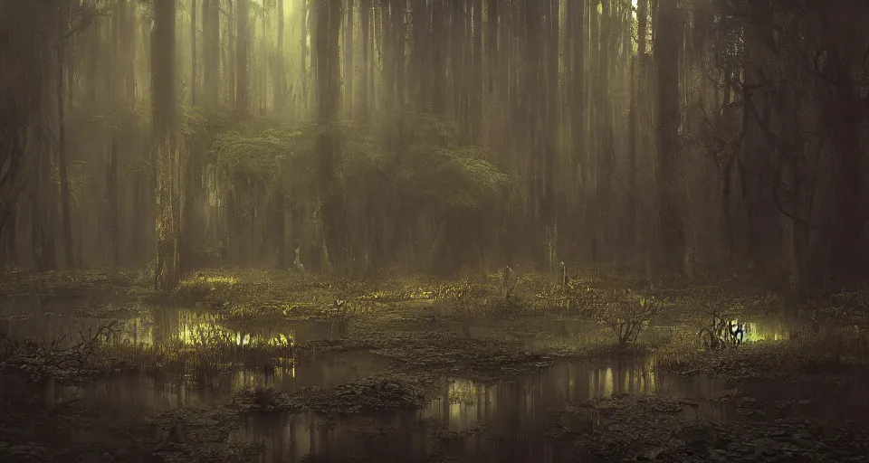 Image similar to A dense and dark enchanted forest with a swamp, by Ruan jia