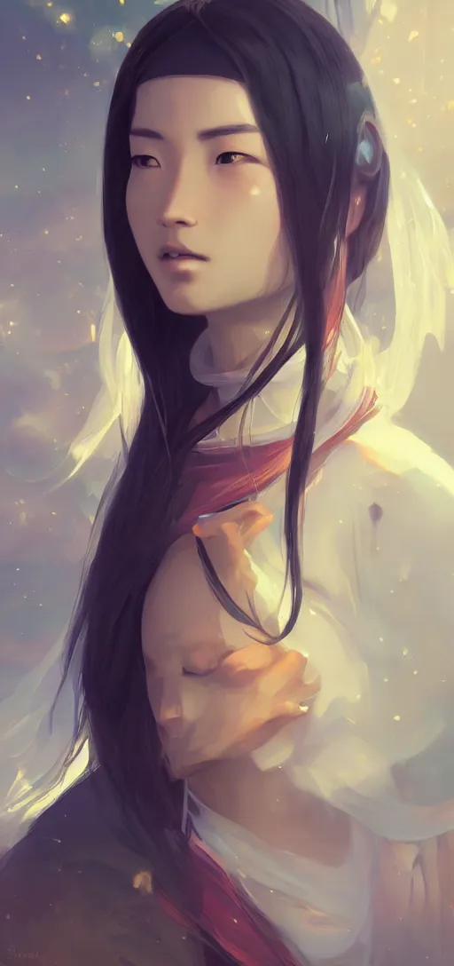 Image similar to a beautiful Tibetan woman, innocent, somber white eyes, long, gentle lighting, on a small space shuttle, futuristic, dim lighting, digital art by Makoto Shinkai ilya kuvshinov and Wojtek Fus, digital art, concept art,